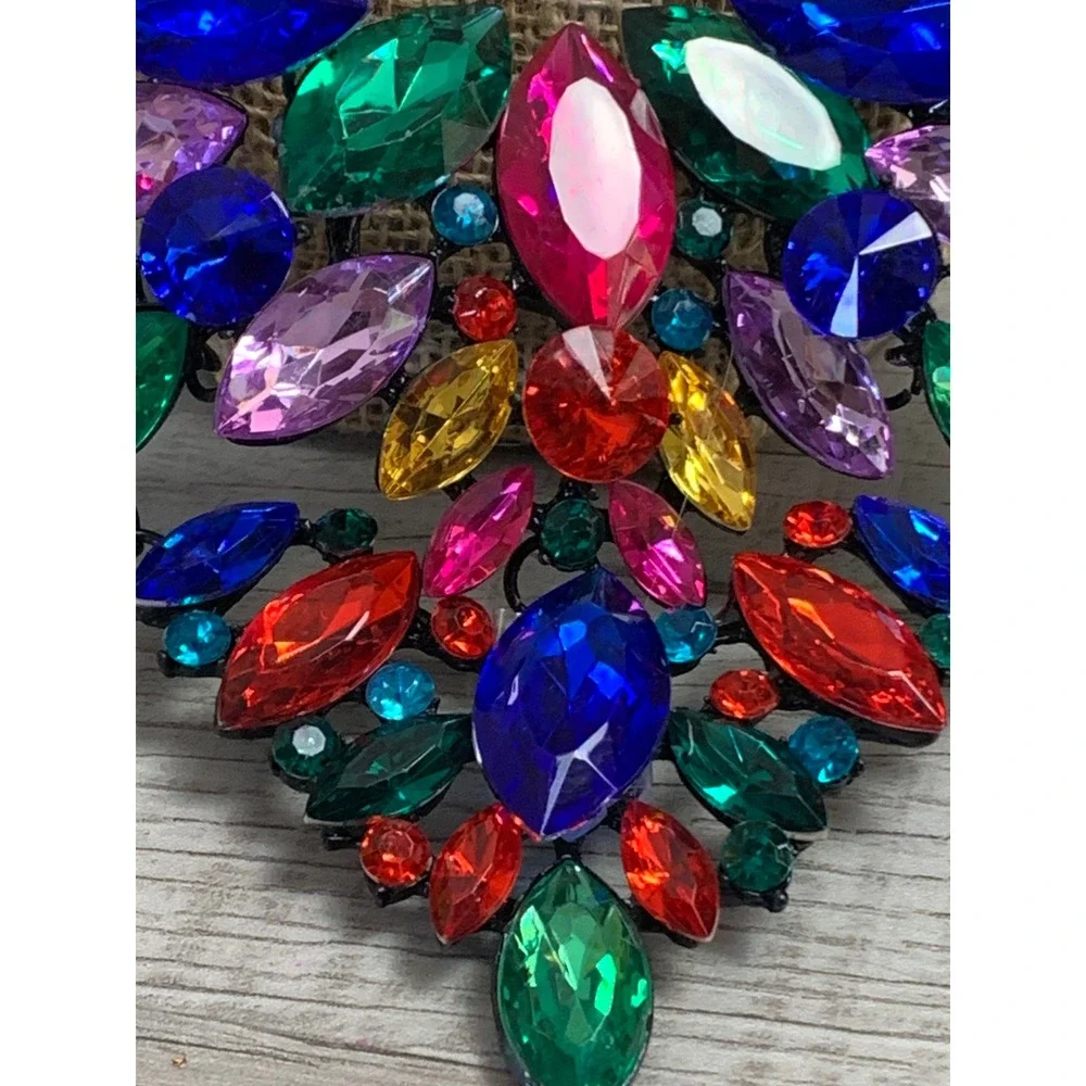 Multicolor Rhinestone Statement Bib Necklace Black Metal‎ Crystal Jewel Collar